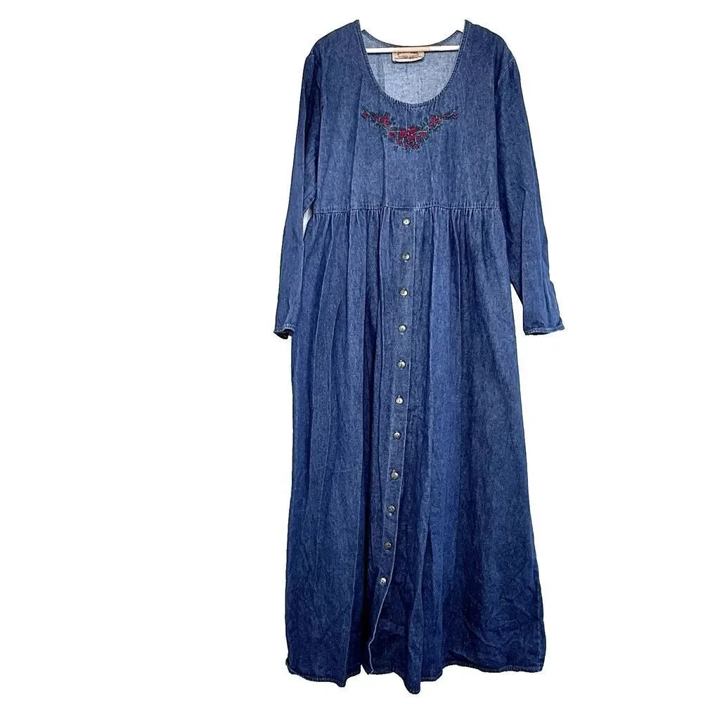 Studio West Denim Dress Embroidered Floral Cottagecore Maxi long sleeve one size - Picture 9 of 10
